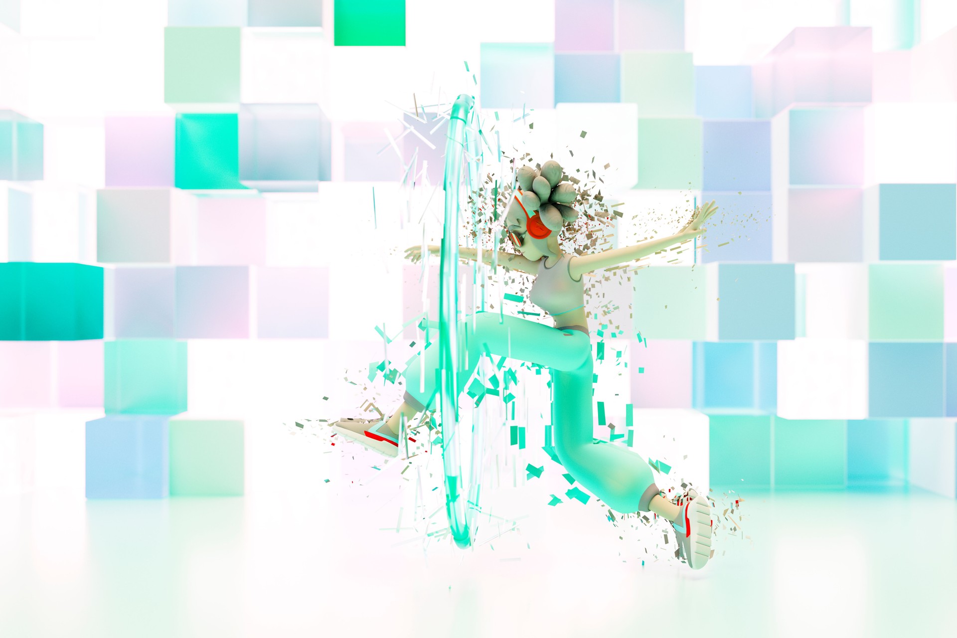 Female character jumping through the gate to metaverse
